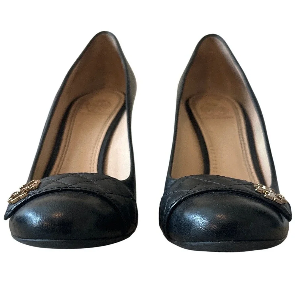Tory Burch Marion Quilted Leather Wedge Pumps Black Gold Logo Size 8.5